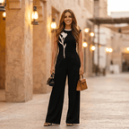 Elegant Embroidered Black Crew Neck Sleeveless Wide Leg Jumpsuit