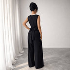 Elegant Embroidered Black Crew Neck Sleeveless Wide Leg Jumpsuit