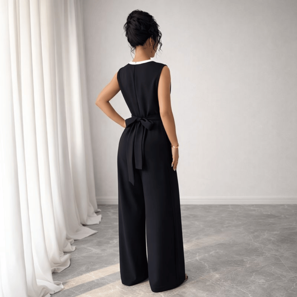 Elegant Embroidered Black Crew Neck Sleeveless Wide Leg Jumpsuit