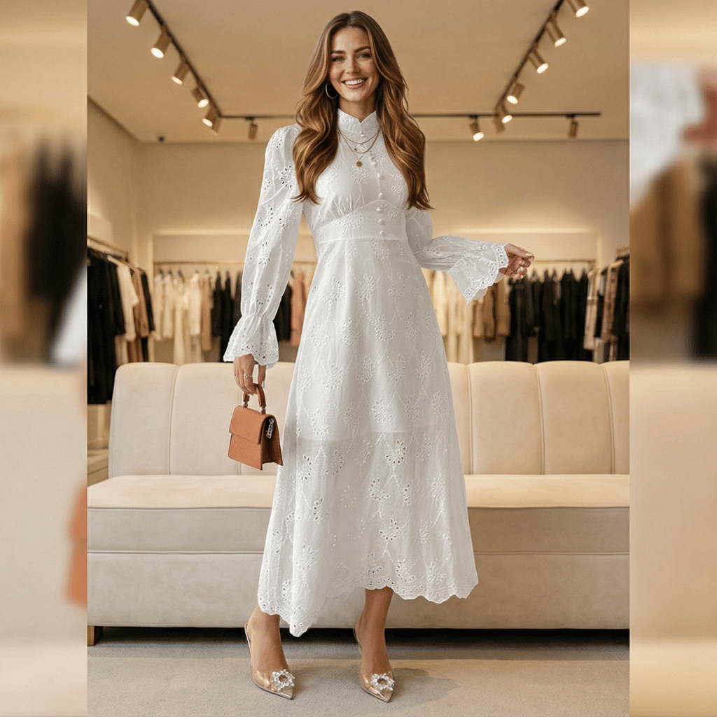 Elegant Vacation Long Sleeve Hollow Out Waist Cinching Button Dress