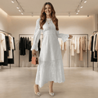 Elegant Vacation Long Sleeve Hollow Out Waist Cinching Button Dress