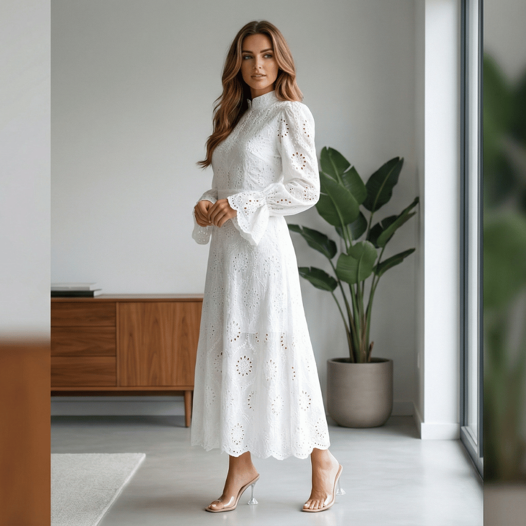 Elegant Vacation Long Sleeve Hollow Out Waist Cinching Button Dress