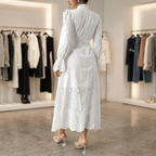 Elegant Vacation Long Sleeve Hollow Out Waist Cinching Button Dress