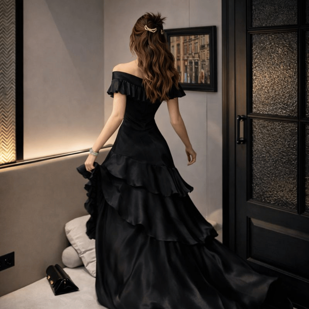French style Black Off shoulder Luxury Dress