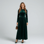 Women's Elegant Velvet Maxi Dress, Long-Sleeved Green Evening Dress, Soft Velvet Dress, Long Party Dress
