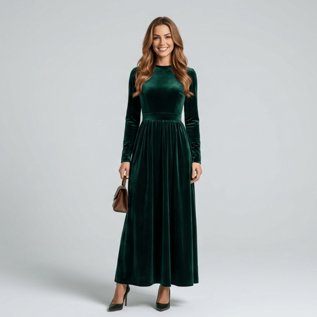 Women's Elegant Velvet Maxi Dress, Long-Sleeved Green Evening Dress, Soft Velvet Dress, Long Party Dress