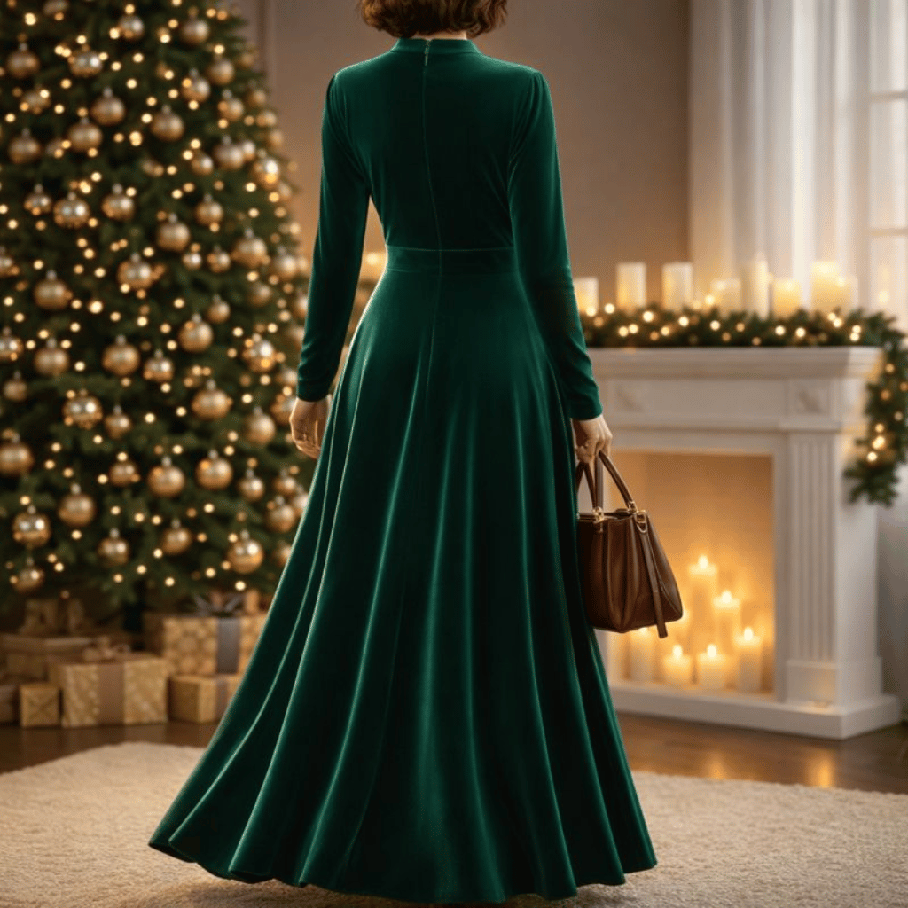 Women's Elegant Velvet Maxi Dress, Long-Sleeved Green Evening Dress, Soft Velvet Dress, Long Party Dress