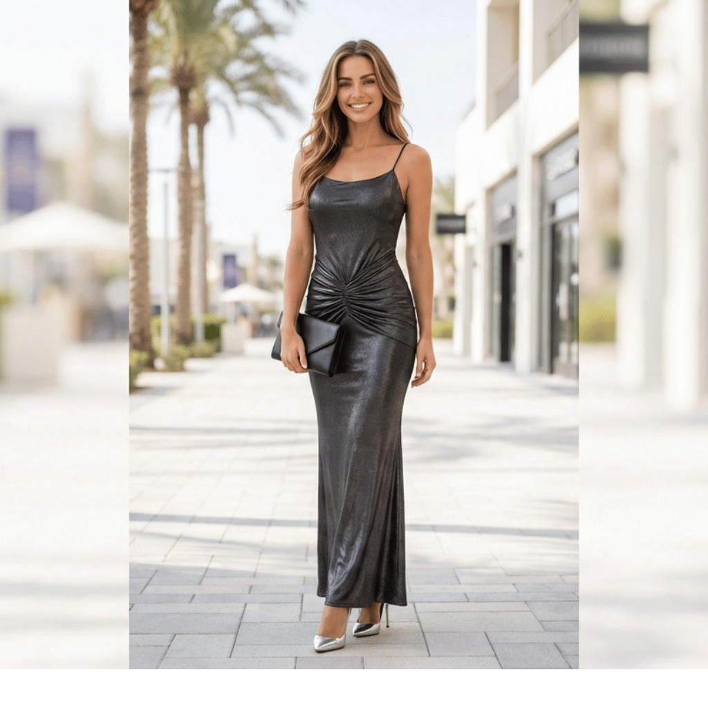 Women's Sexy Backless Gold-Embossed Pleated Bodycon Elegant Slip Dress