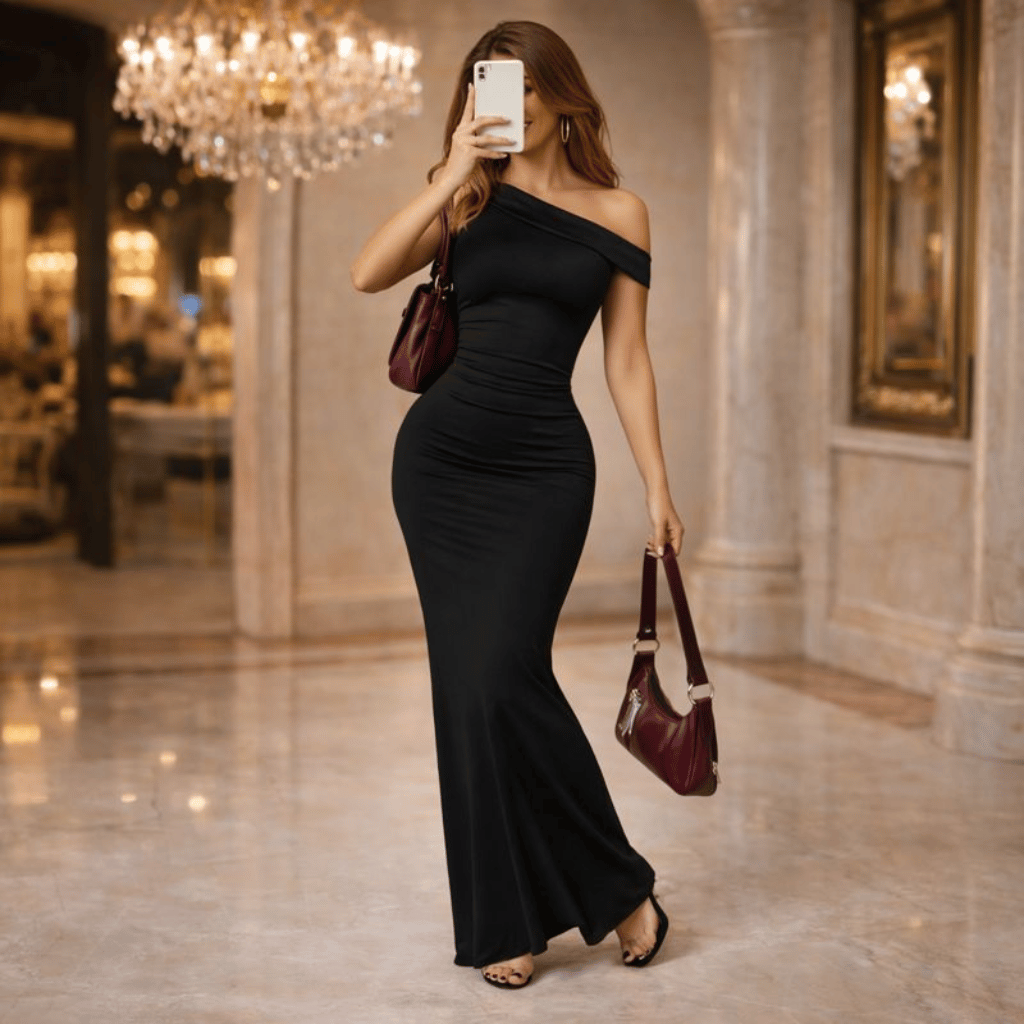 Women's Sexy Socialite-style Dress Summer Off-shoulder Slant-neck Black Evening Gown Maxi Dress
