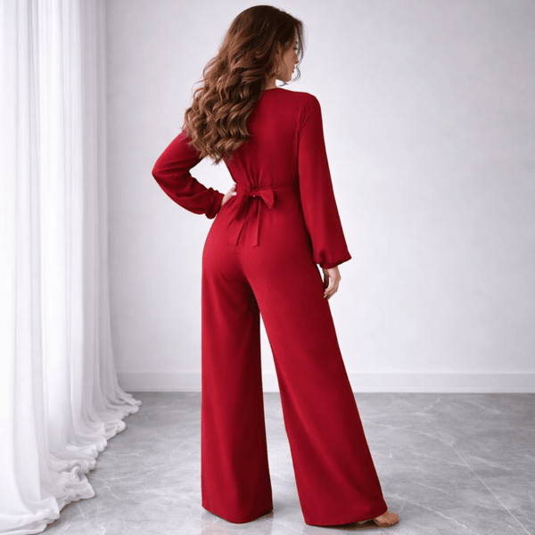 Women's Solid Colored Jumpsuit With Puffed Sleeves, Square Neck And Wide Legs