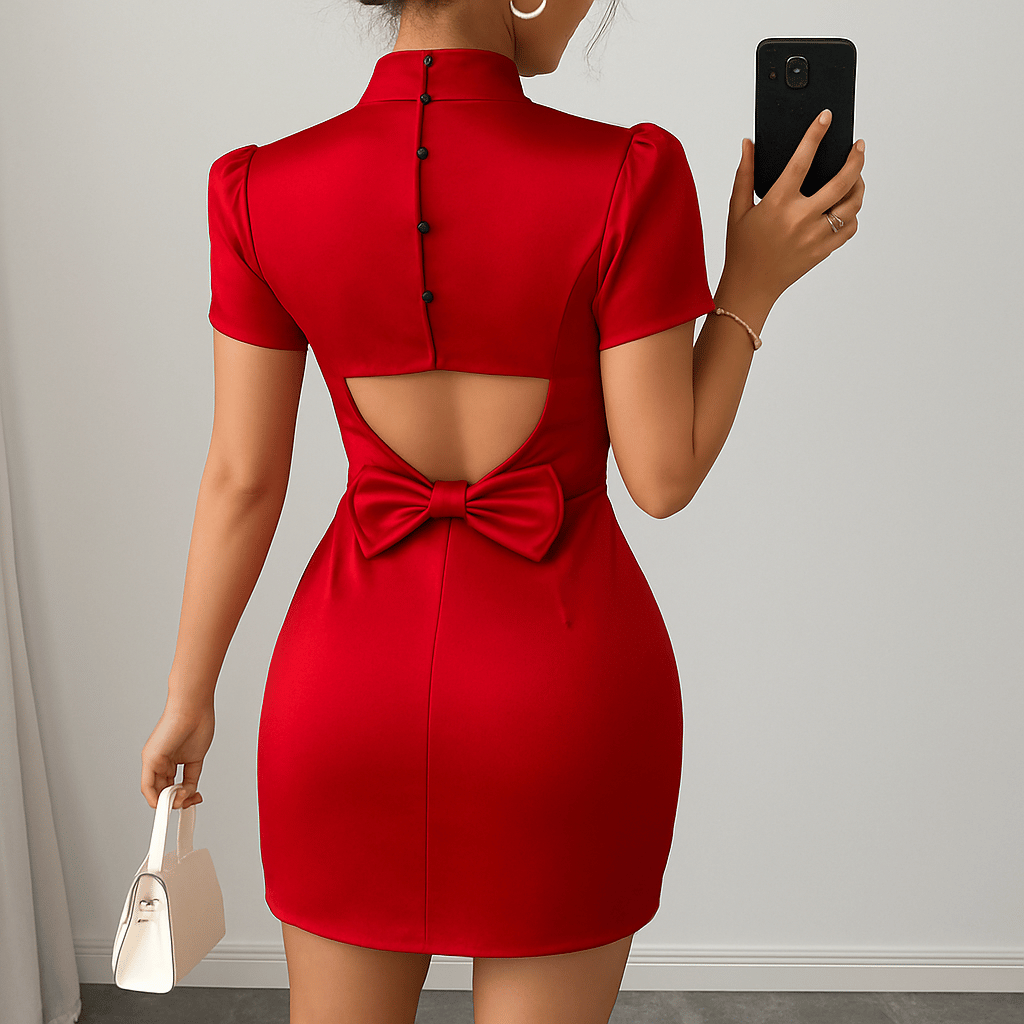 Womens Fashion Half Neck Hollow Out Bow Knot Dress