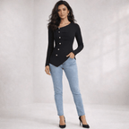 Womens Ruched Front Side Split T Shirt Slim Fit Button