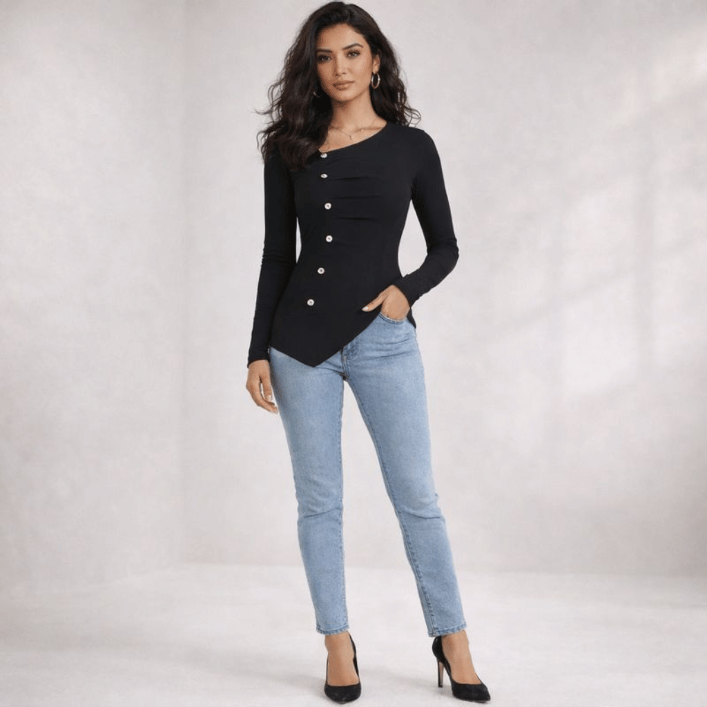 Womens Ruched Front Side Split T Shirt Slim Fit Button