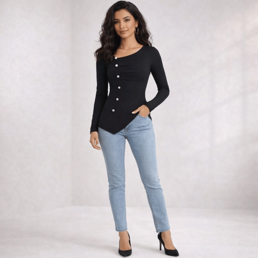 Womens Ruched Front Side Split T Shirt Slim Fit Button